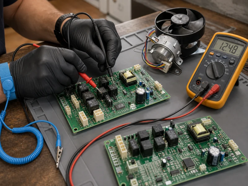 Sub-Zero control board metered on the shop bench during a not-cooling diagnosis for an Eagle Harbor unit