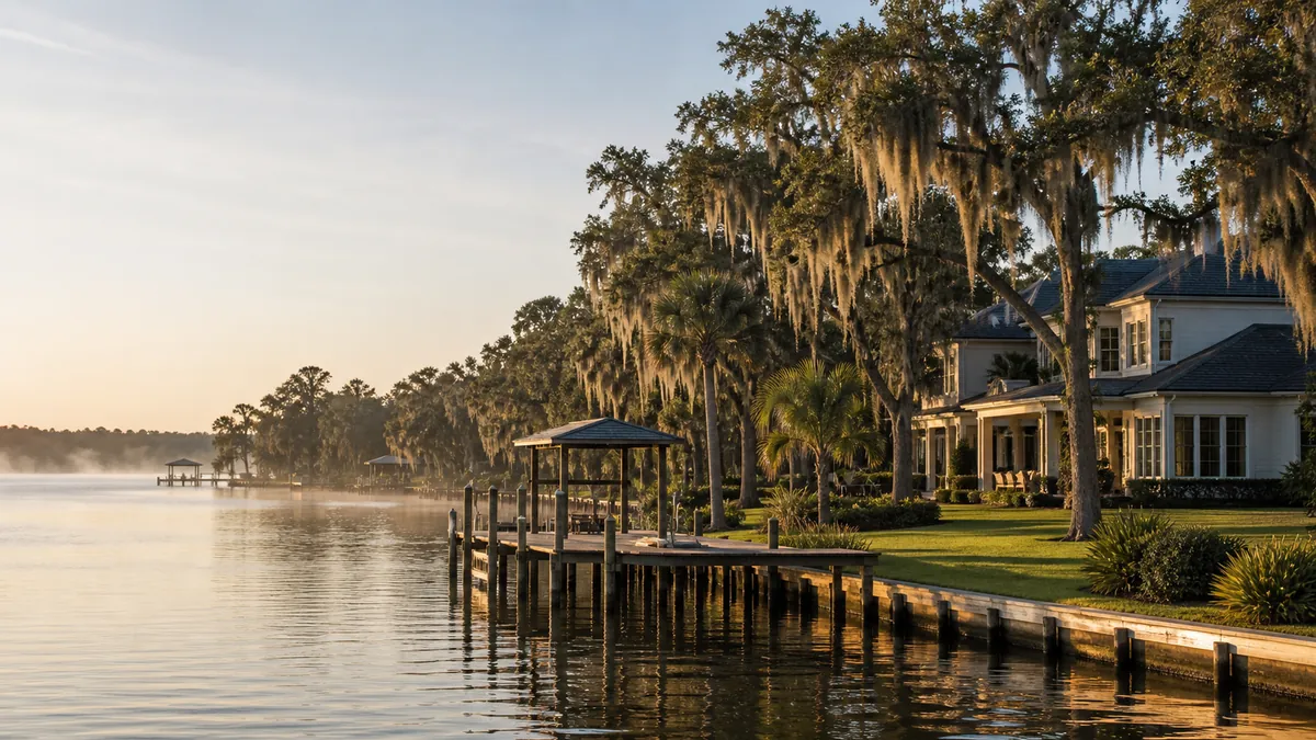 Calm morning on Doctors Lake behind a Fleming Island waterfront home