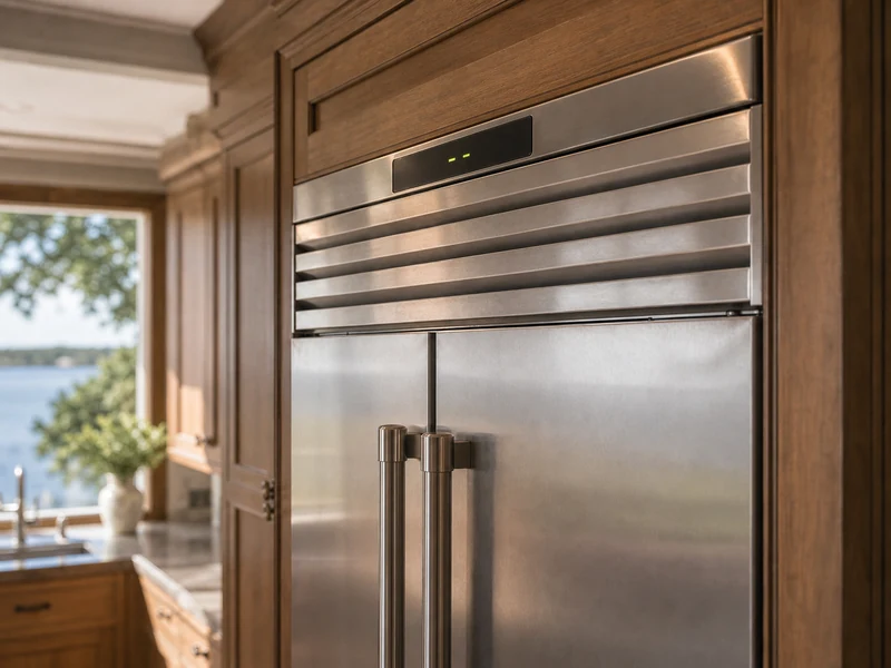 Sub-Zero 600 series side-by-side with the control display reading two dashes in a Pace Island kitchen