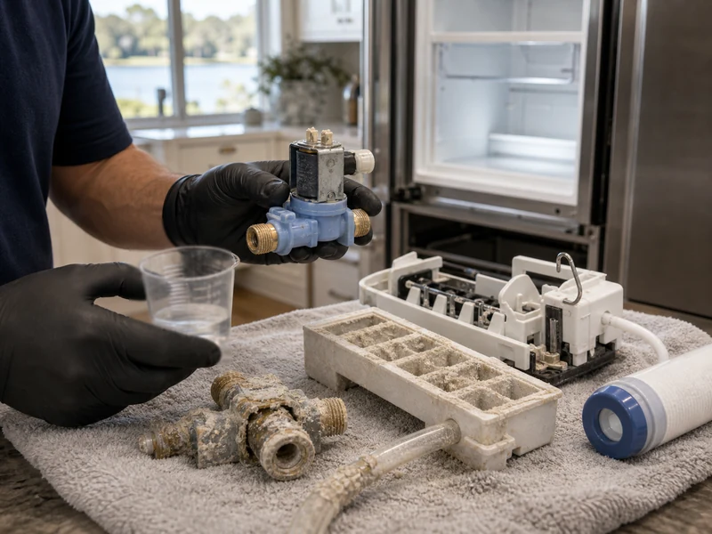 Scaled water inlet valve and fill tube removed from a Sub-Zero ice maker in a gated Pace Island kitchen