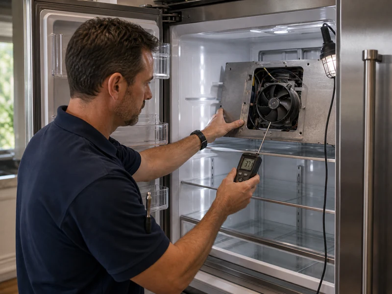 Technician probing air temperature inside a warm Sub-Zero built-in refrigerator in a Fleming Island kitchen